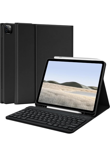Apple iPad Pro 12.9 (2022) 6. Nesil Rgb LED Işıklı Türkçe Karakterli Bluetooth Özellikli Kalemlikli Klavyeli Kılıf A2436 A2437 A2764 A2766