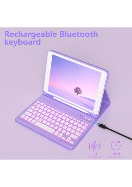 Apple iPad 6. Nesil 9.7 Inc (2018) Rgb LED Işıklı Türkçe Karakterli Bluetooth Özellikli Kalemlikli Klavyeli Kılıf A1893 A1954