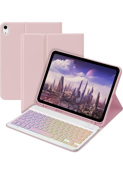 Apple iPad Air 5. Nesil 10.9 Inc (2022) Rgb LED Işıklı Türkçe Karakterli Bluetooth Özellikli Kalemlikli Klavyeli Kılıf A2588 A2589 A2591