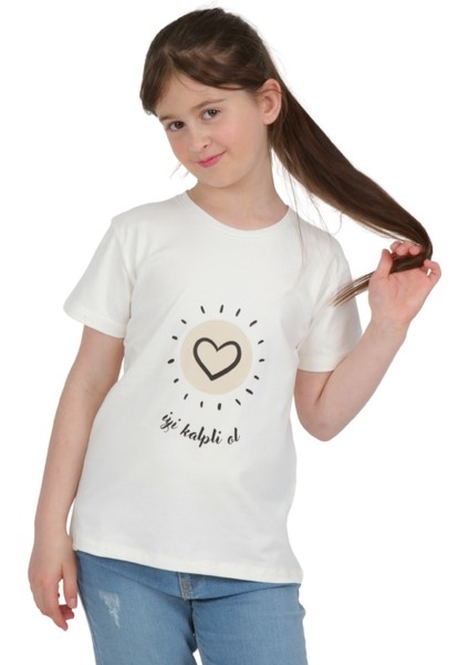 Kız Çocuk Kısa Kollu T-Shirt Bisiklet Yaka Iyi Kalpli Ol Baskılı