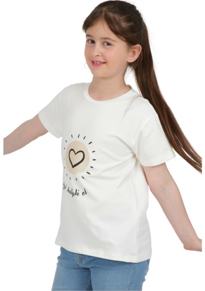 Kız Çocuk Kısa Kollu T-Shirt Bisiklet Yaka Iyi Kalpli Ol Baskılı