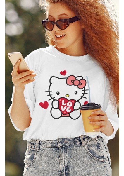 Oversize Love Kalp Hello Kitty Baskılı Kadın T-Shirt