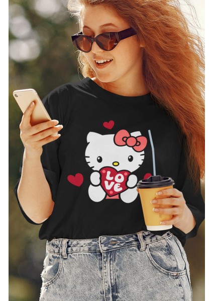 Oversize Love Kalp Hello Kitty Baskılı Kadın T-Shirt