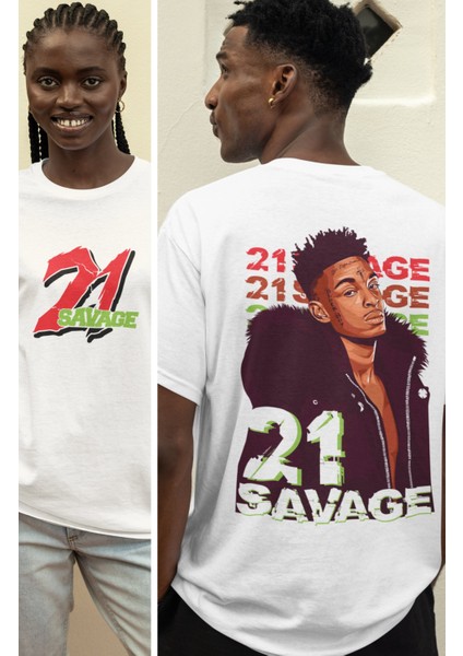 Oversize Renkli 21 Savage Sırt Baskılı T-Shirt Unisex Rap