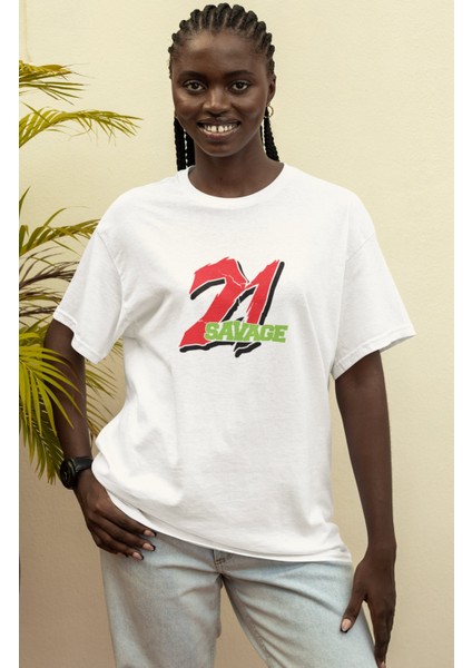 Oversize Renkli 21 Savage Sırt Baskılı T-Shirt Unisex Rap fiyatları