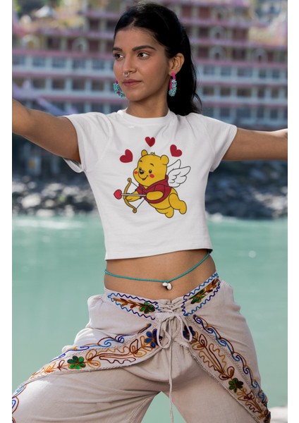 Winnie The Pooh Baskılı Crop Top, Kalpli Aynı Winnie Crop Bluz
