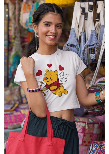 Winnie The Pooh Baskılı Crop Top, Kalpli Aynı Winnie Crop Bluz