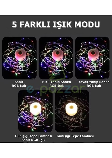 5 Mod 8 Metre Rgb Işık Dizeleri & Günışığı Tepe Lambalı Kamp Bahçe Veranda Dış Mekan Şarjlı Aydınlatma