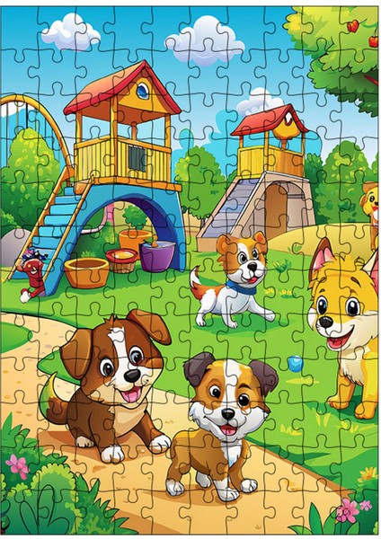 Ahşap Mdf Puzzle Yapboz Sevimli Köpekler Oyun Parkında 120 Parça 25*35 cm