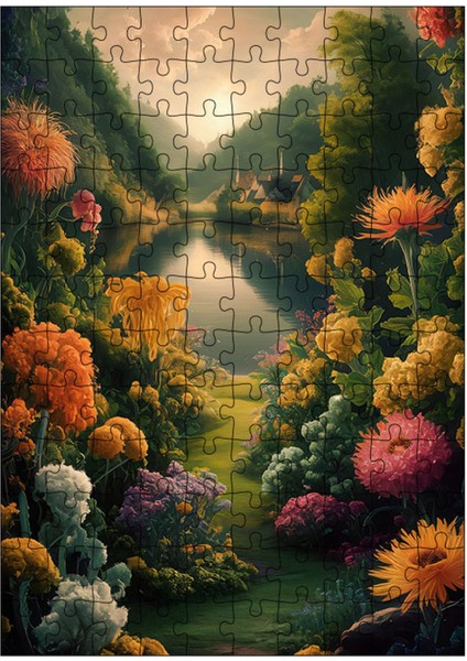 Ahşap Mdf Puzzle Yapboz Göl Kıyısı ve Çiçekler 120 Parça 25*35 cm