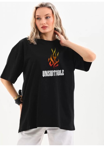 Fi Labels Unisex Bisiklet Yaka Baskılı Oversize T-Shirt - Siyah