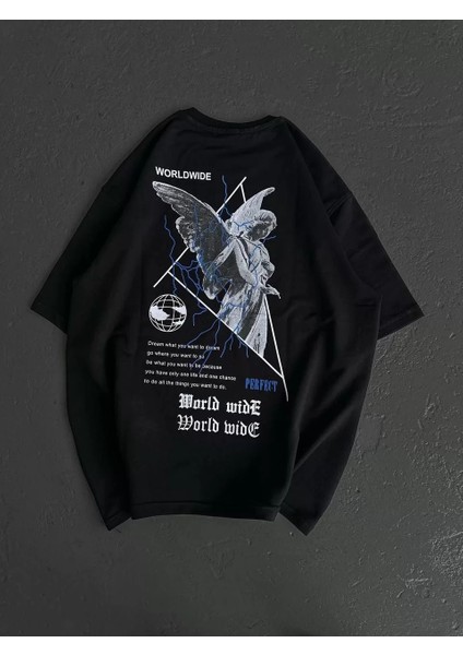 Unisex Bisiklet Yaka Baskılı Oversize T-Shirt - Siyah fiyatları