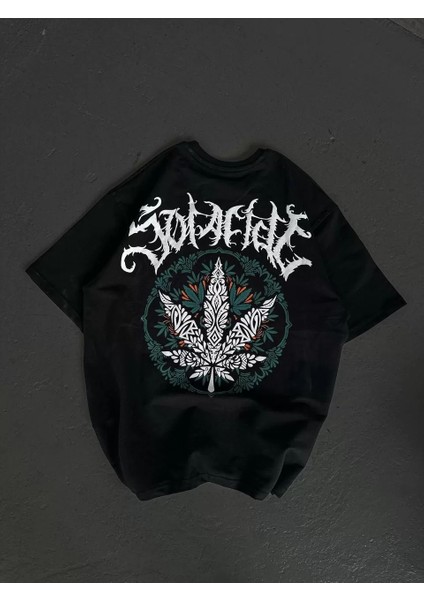 Unisex Bisiklet Yaka Baskılı Oversize T-Shirt - Siyah fiyatları