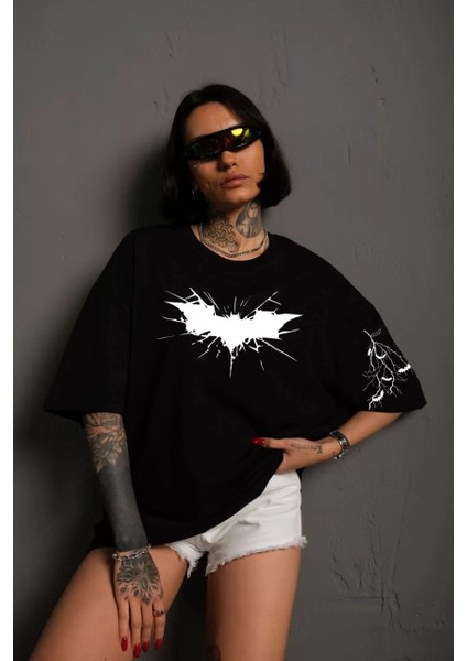 Unisex Ön ve Kol Baskılı Oversize T-Shirt - Siyah