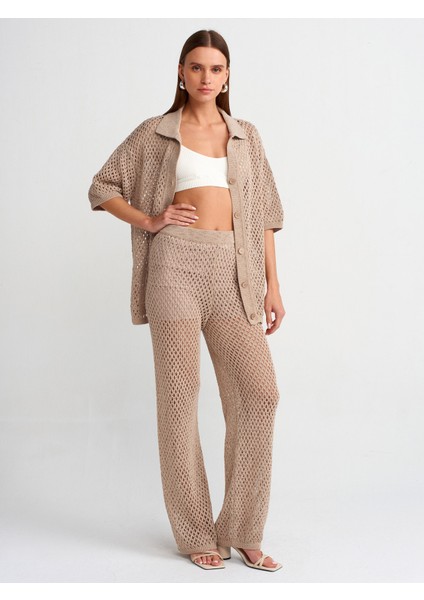 70159 Ajurlu Astarlı Triko Pantolon-Bej