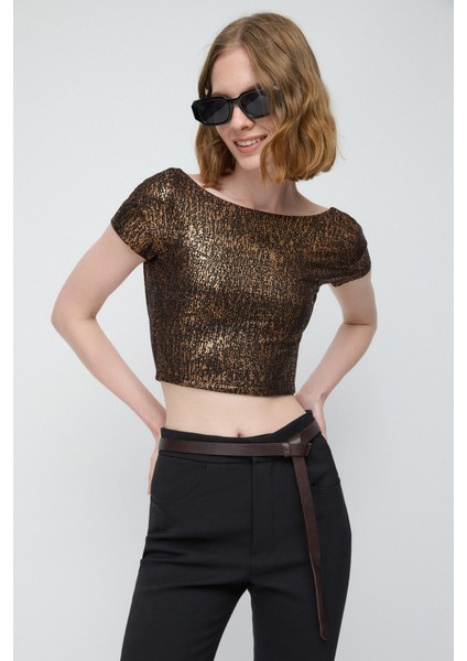 Folyo Baskılı Sırtı Açık Basic Crop Top