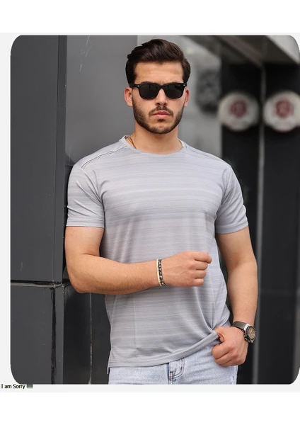 Spor Life Mens Style Reflektör Şeritli Çizgili Spor T-Shirt