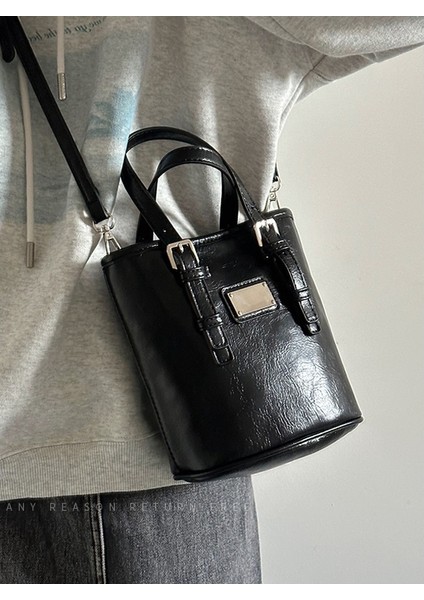 Trendy Koyu Siyah Retro Çok Yönlü Kova Niş Yağ Balmumu Deri Banliyö Omuz Crossbody Çanta (Yurt Dışından)