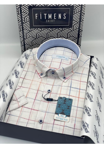 Klasik Kısa Kol Kareli Keten Cotton Yaka Düğmeli Hediye Kutulu Erkek Gömlek - Beyaz Turkuaz