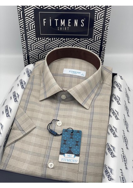 Klasik Kısa Kol Keten Hediye Kutulu Erkek Gömlek (CODE:Ü.7610) - Bej