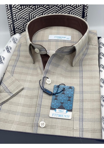 Klasik Kısa Kol Keten Hediye Kutulu Erkek Gömlek (CODE:Ü.7610) - Bej modelleri