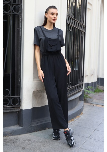 Siyah Askılı Bahçıvan Tulum Kadın Kısa Kol Düz Desen %97 Polyester