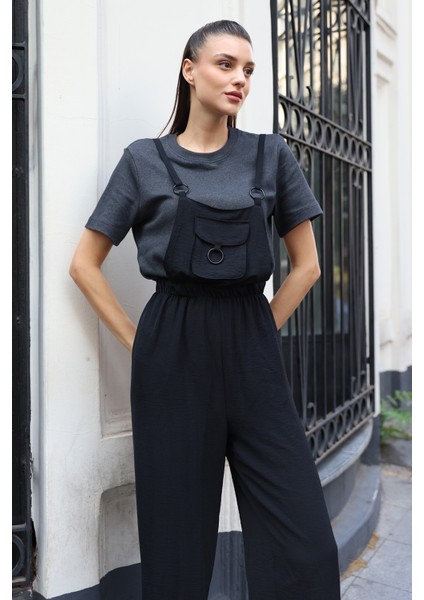 Siyah Askılı Bahçıvan Tulum Kadın Kısa Kol Düz Desen %97 Polyester fırsatları