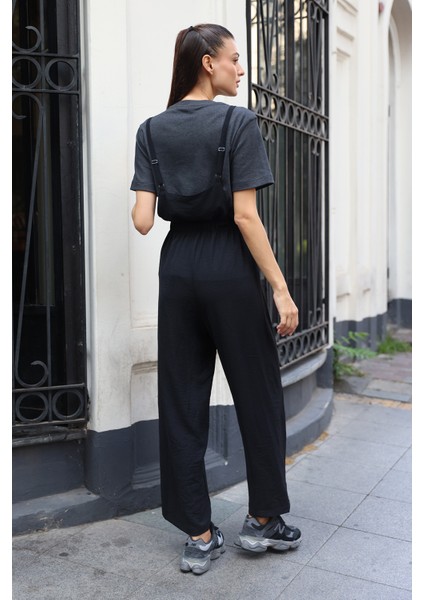 Siyah Askılı Bahçıvan Tulum Kadın Kısa Kol Düz Desen %97 Polyester indirimleri