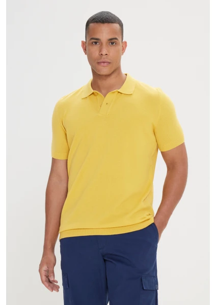 AC&Co / Altınyıldız Classics Erkek Sarı Standart Fit Normal Kesim Polo Yaka %100 Pamuk Desenli Kısa Kollu Triko Tişört