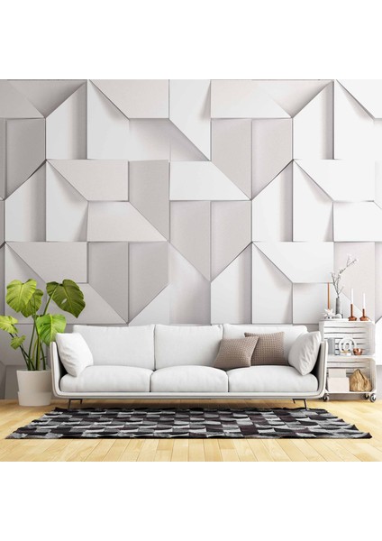 3 Boyutlu Beyaz Geometrik Kabartma Görünümlü Duvar Kağıdı Baskı