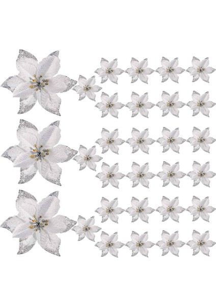 50'li Paket Glitter Atatürk Çiçeği Yılbaşı Ağacı Süsleri (Gümüş) (Yurt Dışından)