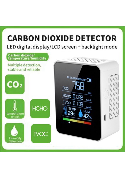 5'i 1 Arada Hava Kalitesi Monitörü Co2 Ölçer Dijital Sıcaklık Siyah (Yurt Dışından)