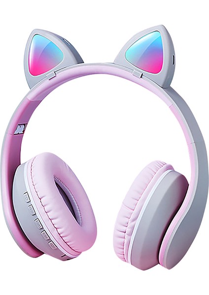 Kedi Kulak Bluetooth Subwoofer 7.1 Çevresel Ses Kulaklıkları(Pembe+Gri) (Yurt Dışından)