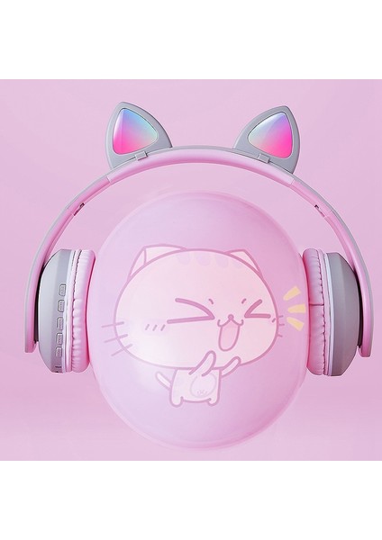 Kedi Kulak Bluetooth Subwoofer 7.1 Çevresel Ses Kulaklıkları(Pembe+Gri) (Yurt Dışından)