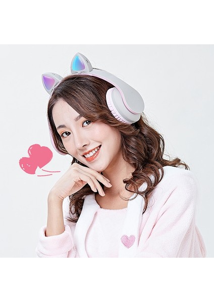 Kedi Kulak Bluetooth Subwoofer 7.1 Çevresel Ses Kulaklıkları(Pembe+Gri) (Yurt Dışından)