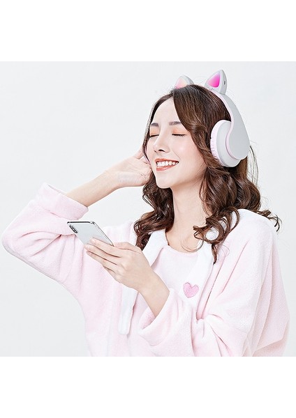 Kedi Kulak Bluetooth Subwoofer 7.1 Çevresel Ses Kulaklıkları(Pembe+Gri) (Yurt Dışından)