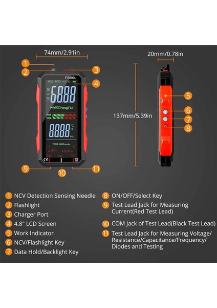 4,8 Inç LCD Ekranlı Çoklu Test Cihazı ile USB Multimetre Dijital Voltmetre (Yurt Dışından)