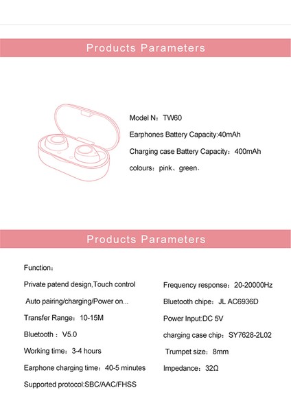 TW60 Tws Mini Kablosuz Bluetooth 5.0 Kulak Içi Şarj Kutusuyla Pembe (Yurt Dışından)
