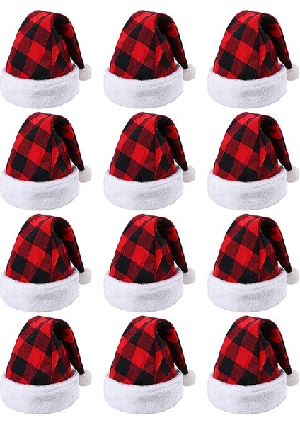 Noel Kostüm Partisi Için Kırmızı ve Siyah Ekose Noel Baba Peluş Şapka, 12 Adet (Yurt Dışından)