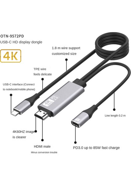 Tv Dizüstü Bilgisayar Için 4K @ 60Hz Tip C - HDMI Kablo Ekran Yansıtma Cihazı (Yurt Dışından)