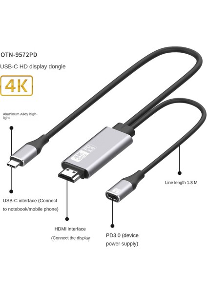 Tv Dizüstü Bilgisayar Için 4K @ 60Hz Tip C - HDMI Kablo Ekran Yansıtma Cihazı (Yurt Dışından)