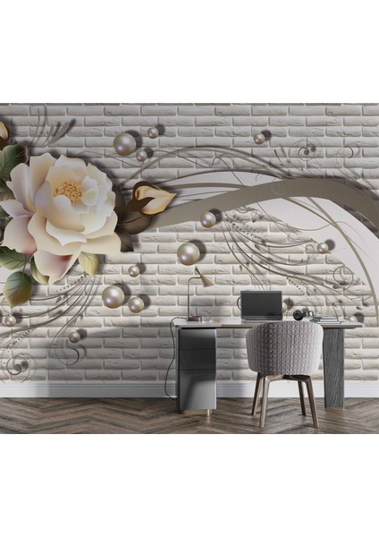 3 Boyutlu Tuğla Duvar Üstünde Gül Desenli Duvar Kağıdı Baskı