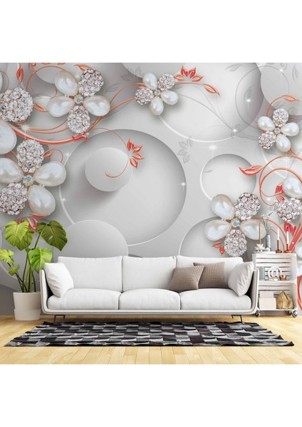 Yuvarlak Üstünde Çiçek Desenli Duvar Kağıdı Baskı