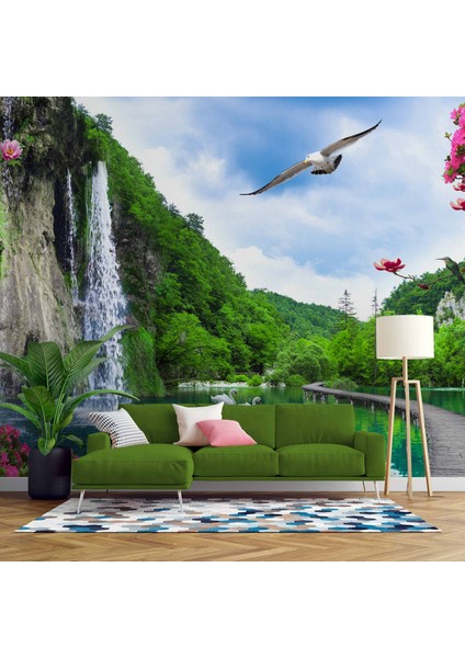 Şelale, Göl ve Martı Manzaralı Duvar Kağıdı