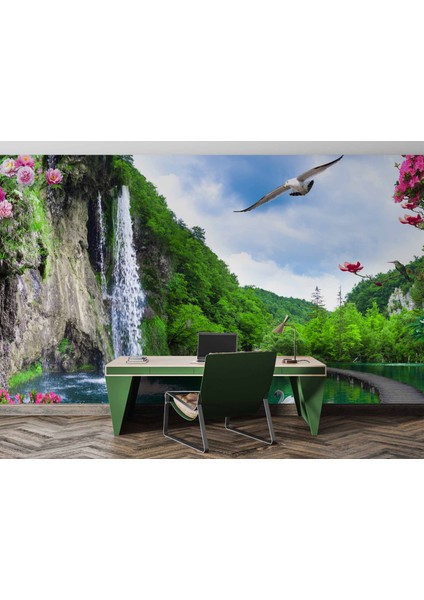 Şelale, Göl ve Martı Manzaralı Duvar Kağıdı modelleri