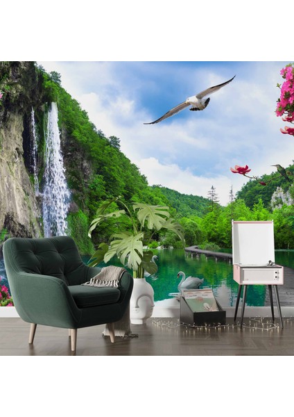 Şelale, Göl ve Martı Manzaralı Duvar Kağıdı indirimleri