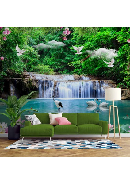 Şelale, Göl ve Orman Manzaralı Duvar Kağıdı Baskı