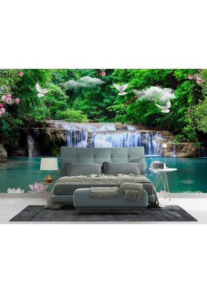 Şelale, Göl ve Orman Manzaralı Duvar Kağıdı Baskı fiyatları