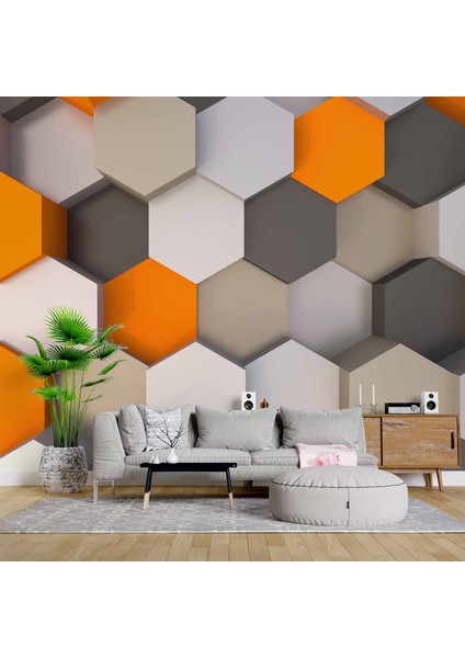 3 Boyutlu Antrasit Turuncu Altıgen Duvar Kağıdı Baskı