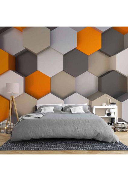 3 Boyutlu Antrasit Turuncu Altıgen Duvar Kağıdı Baskı fiyatları